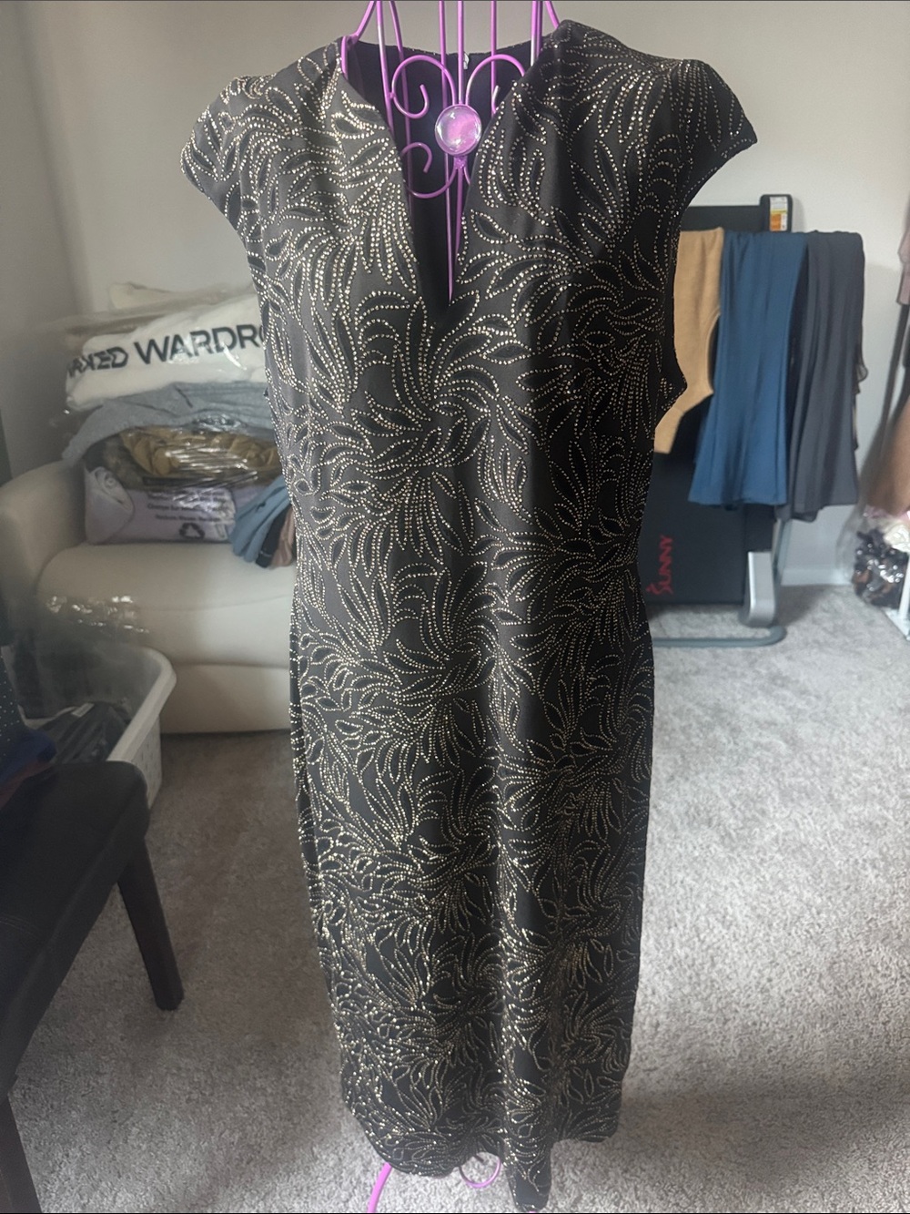 Connected Apparel Black Midi Dress with Gold Swirl Detail